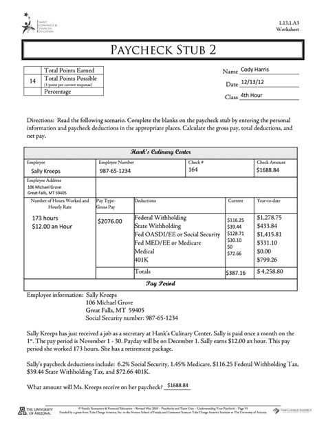 Understanding A Paycheck And Pay Stub Worksheet