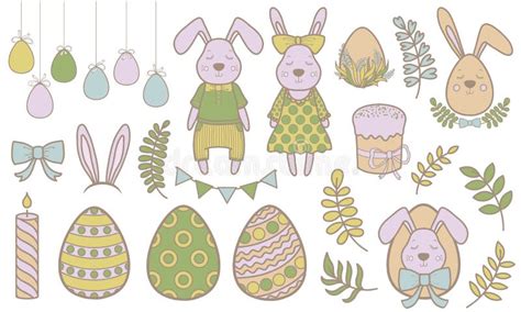 Set Of Cute Easter Cartoon Characters And Design Elements Easter Bunny