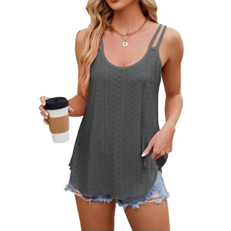 Womens Tank Tops Spaghetti Strap Camisoles Eyelet Embroidery Scoop Neck Tops