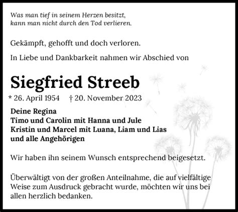 Traueranzeigen Von Siegfried Streeb Trauerundgedenken De