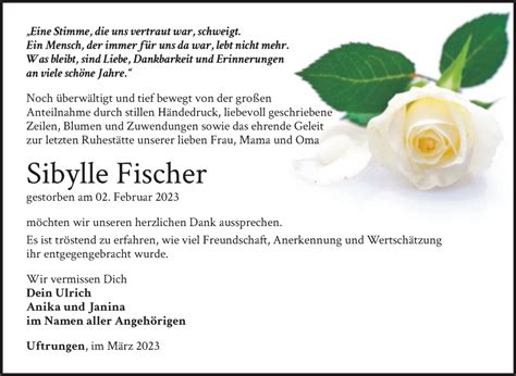 Traueranzeigen Von Sibylle Fischer Abschied Nehmen De