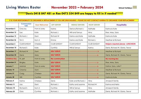 Latest Rosters Living Waters Christian Community Loxton