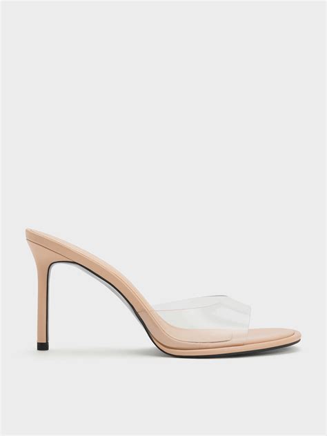 Nude See Through Cylindrical Heel Mules CHARLES KEITH TW