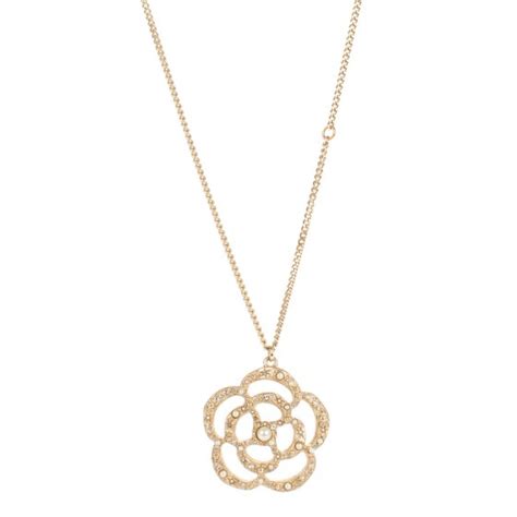 CHANEL Pearl Crystal Large Camellia Pendant Necklace Light Gold 142079