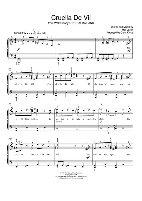 Cruella De Vil Sheet Music For Piano Sheet Music Now