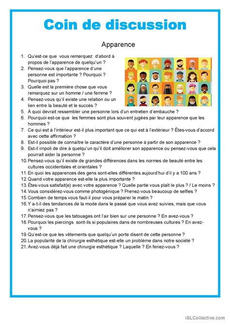 Coin de discussion Apparence Français FLE fiches pedagogiques pdf doc