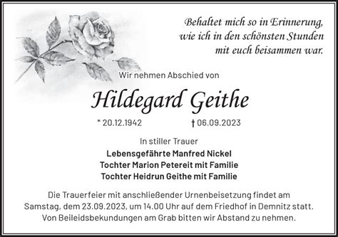 Traueranzeigen von Hildegard Geithe Märkische Onlinezeitung Trauerportal