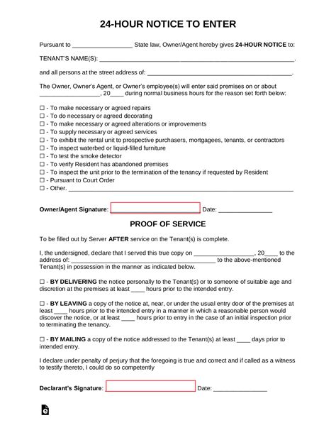 Free 24 Hour Notice To Enter Landlord To Tenant Pdf Word Eforms