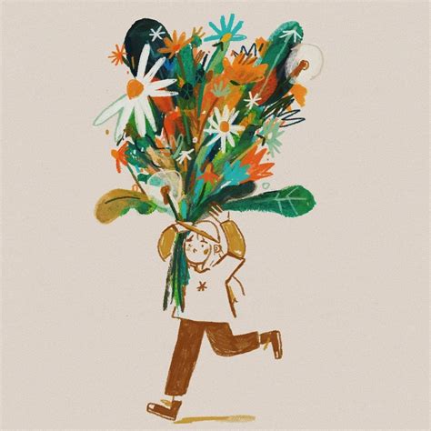 A Drawing Of A Person Carrying A Bouquet Of Flowers