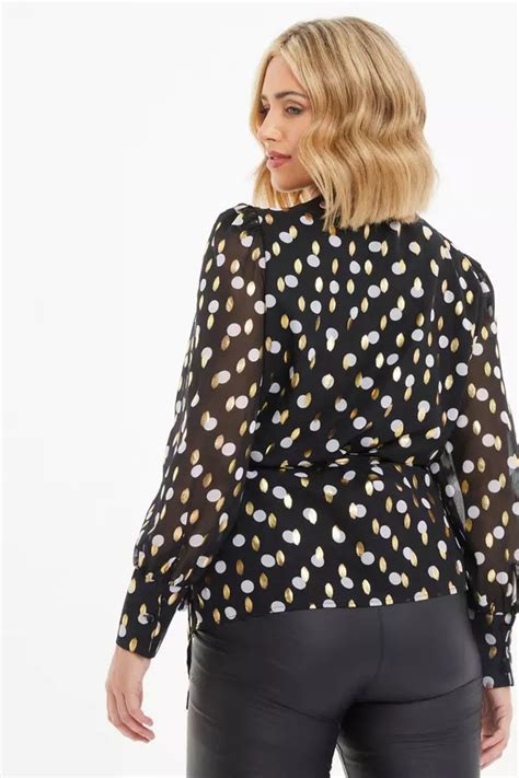 Curve Black Polka Dot Foil Wrap Top Quiz Clothing