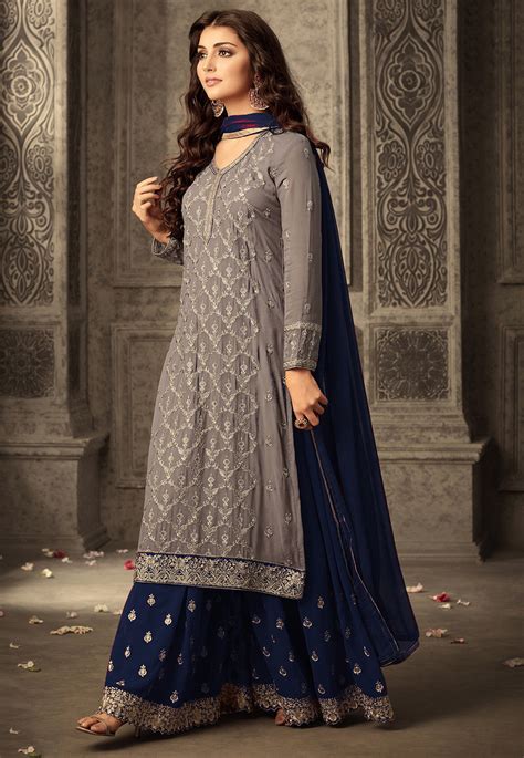 Embroidered Georgette Sharara Lehenga In Grey Lcc