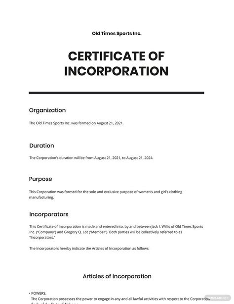 Certificate Of Incorporation Template