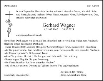 Traueranzeigen von Gerhard Wagner Schwarzwälder Bote Trauer