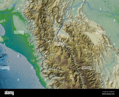 Cajamarca Region Of Peru Colored Elevation Map With Lakes And Rivers