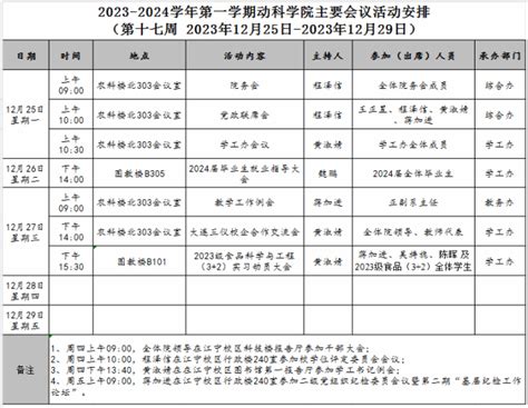 2023 2024学年第一学期第十七周动科学院主要会议活动安排 动物科学与食品工程学院