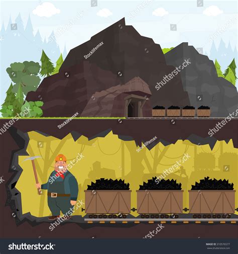 Miner Working In A Mine. Inside And Outside The Mine. Vector ...