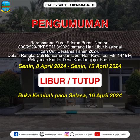 Pemberitahuan Libur Hari Raya Idul Fitri 1445 H 2024 M Desa