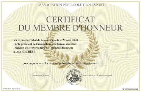 Certificat Du Membre D Honneur