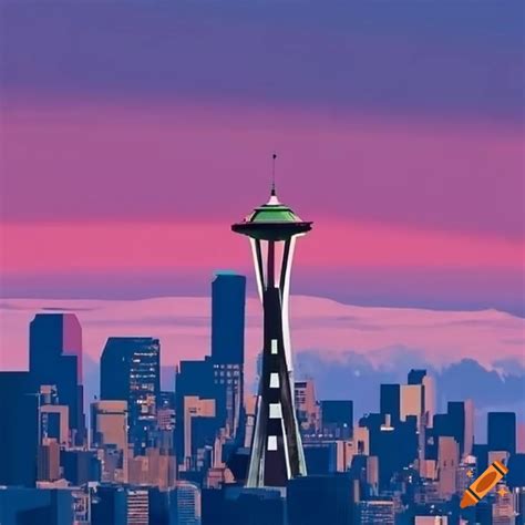 Seattle Skyline With Space Needle And Mount Rainier On Craiyon