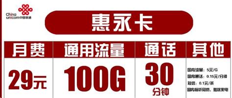 29元联通大流量卡套餐，惠永卡29包100g通用流量 30分钟长期套餐 套餐哥