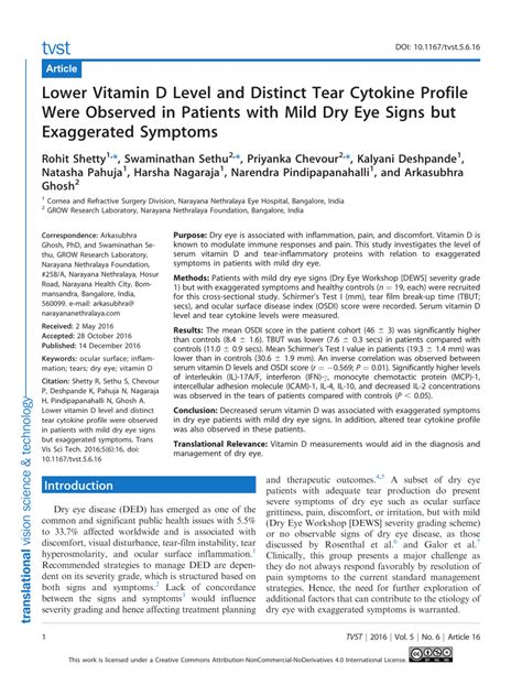 Pdf Lower Vitamin D Level And Distinct Tear Cytokine Profile Were Observed In Patients With