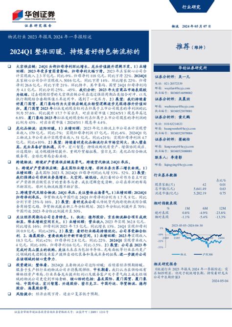 物流行业2023年报及2024年一季报综述：2024q1整体回暖，持续看好特色物流标的