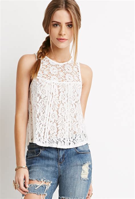 Forever 21 Crochet Paneled Lace Top In Beige Cream Lyst