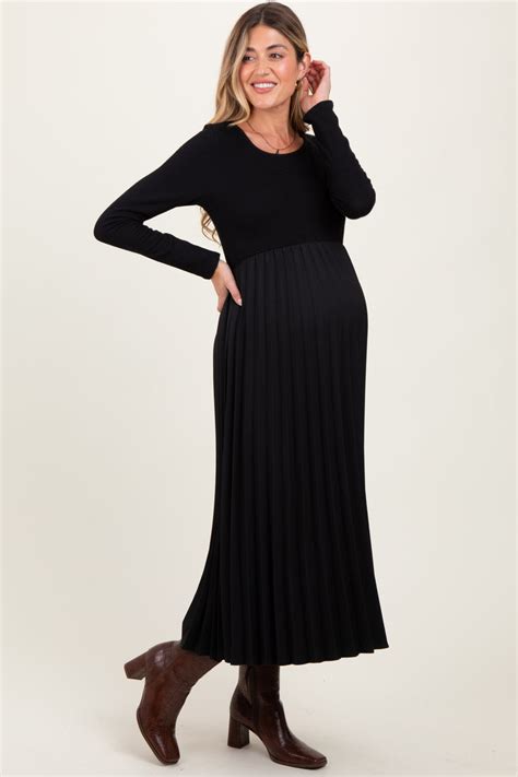 Black Knit Contrast Pleated Skirt Maternity Midi Dress Pinkblush