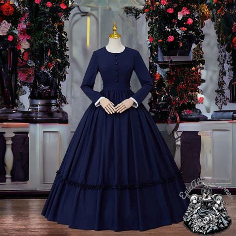 Victorian Era Navy Blue Dress 1860s Womens Day Dress Dickens Fair