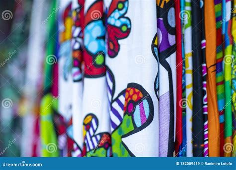 Colorful Fabrics Hanging And Lined Fabrics With Different Patterns And