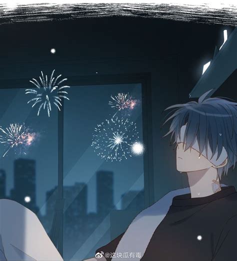 An Anime Scene With Fireworks In The Sky And Two People Looking At Each