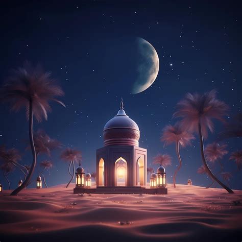 Islamische Illustration Einer Moschee Und W Ste Bei Nacht Als