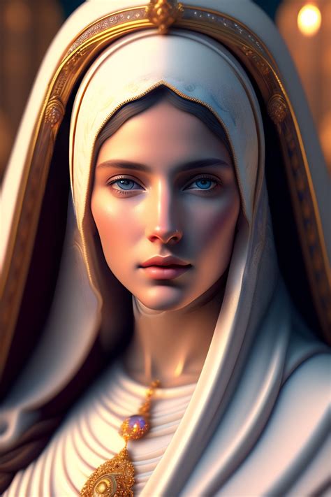 a statue of the virgin mary wearing a gold necklace and headdress, with