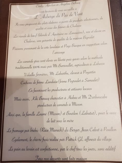 Menu Au Auberge Du Pas De Vent Restaurant Pouillon