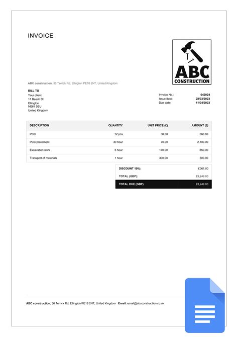 Free Construction Invoice Templates In Google Docs Billdu