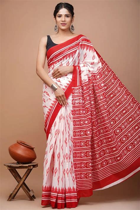 Mulmul Cotton Hand Block Printed Sarees 6 5 Mtr With Blouse Piece At