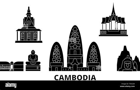 Cambodia Flat Travel Skyline Set Cambodia Black City Vector