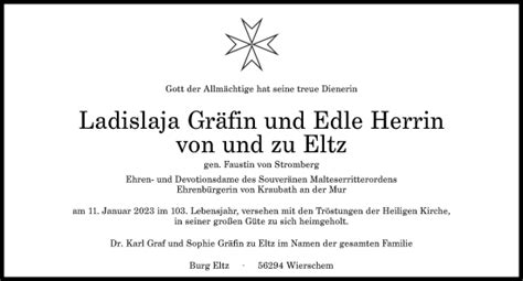 Traueranzeigen Von Ladislaja Gr Fin Und Edle Herrin Von Und Zu Eltz