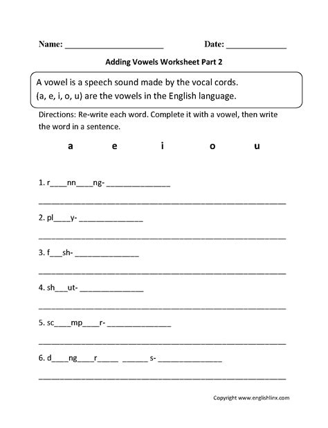 Vowels Worksheets Adding Vowels Worksheet Part 2