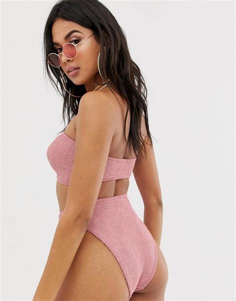 Asos Synthetic Mix And Match Crinkle Bandeau Bikini Top In Shiny Dusky Pink Lyst