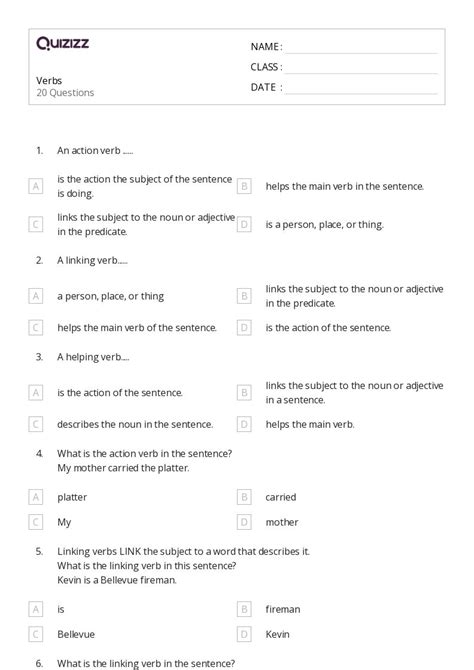 Verbs Worksheets For Th Grade On Quizizz Free Printable