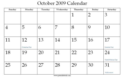 2009 October Calendar