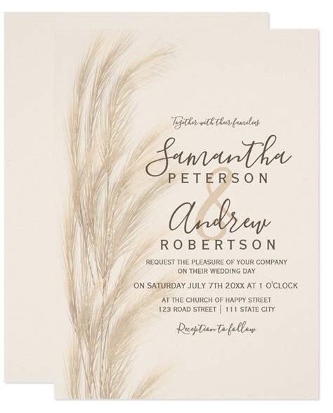 Boho Summer Pampas Grass Watercolor Wedding Printable Invitation