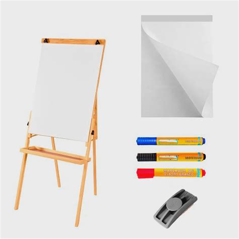 Conj Cavalete Flip Chart Porta Bloco Compacto Quadro Branco Madeira