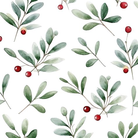 Watercolor Christmas Seamless Pattern With Mistletoe Can Be Used For