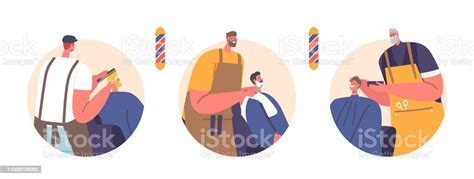 Hairdresser Barbers Serving Clients In Men Salon Isolated Round Icons Male Characters Visit