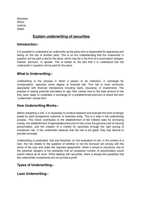 Explain Underwriting Of Securities Business Ethics Lecture Notes