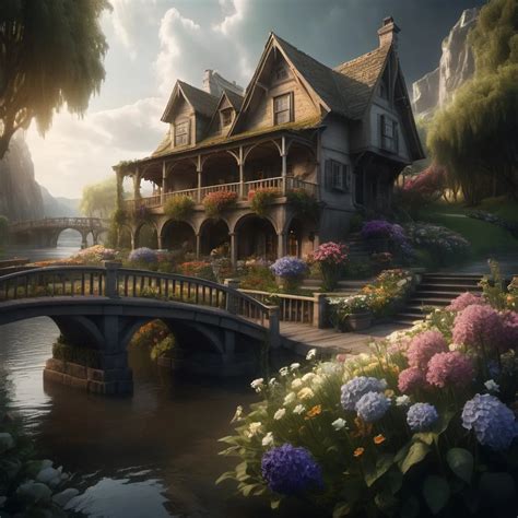 House With A Large Porch Window Flowers Bridge An