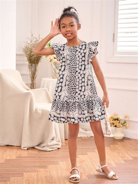 SHEIN Tween Girl Floral Allover Print Ruffle Trim Dress SHEIN USA