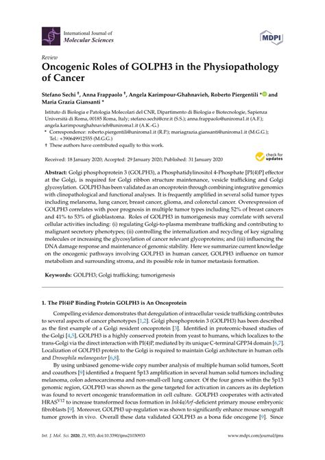 PDF Oncogenic Roles Of GOLPH3 In The Physiopathology Of Cancer